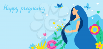 Happy pregnancy. Pretty pregnant woman. Baby shower invitation. Child waiting illustration.