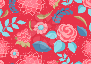 Seamless pattern with gentle flowers. Beautiful decorative natural plants, buds and leaves.