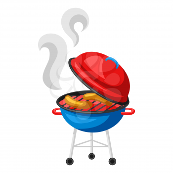 Grill with sausages and smoke. Stylized illustration for bbq parties.