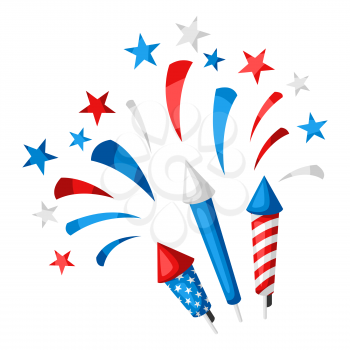Background with bright colorful fireworks and salute. In colors of American Flag.