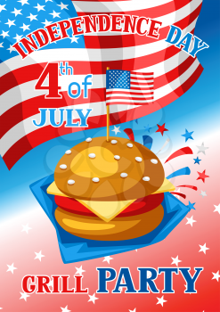Fourth of July Independence Day grill party banner. American patriotic illustration.