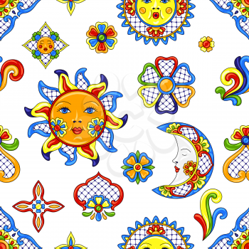 Mexican pattern with cute naive art items. Traditional decorative objects. Talavera ornamental ceramic. Ethnic folk ornament.