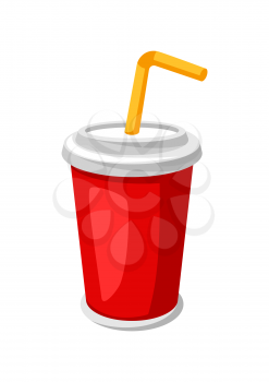 Illustration of stylized soda or cola in paper cup. Fast food meal. Isolated on white background.