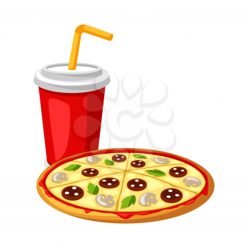Illustration with fast food meal. Soda and pizza. Tasty fastfood lunch products.