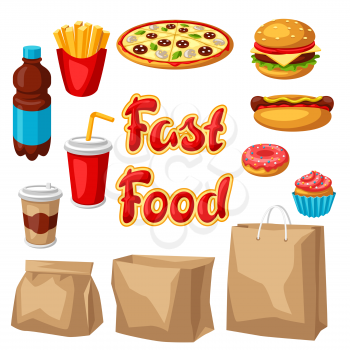 Set of fast food meal. Tasty fastfood lunch collection.