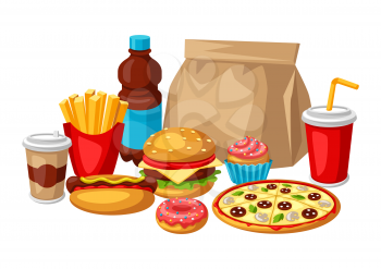 Illustration with fast food meal. Tasty fastfood lunch products. Background for menu or advertising.
