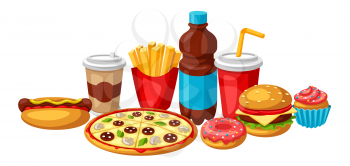 Illustration with fast food meal. Tasty fastfood lunch products. Background for menu or advertising.
