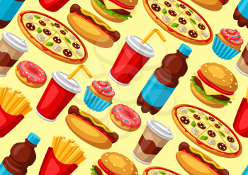Seamless pattern with fast food meal. Tasty fastfood lunch products. Background for menu or advertising.