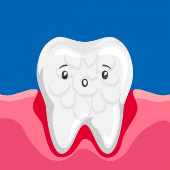Illustration of sick tooth with inflamed gums. Children dentistry sad character. Kawaii facial expression.