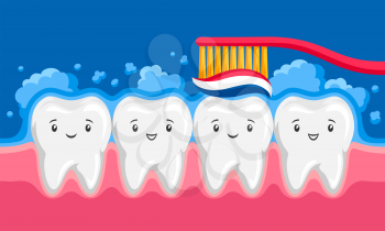 Illustration of smiling clean teeth brushing paste in oral cavity. Children dentistry happy characters. Kawaii facial expressions.