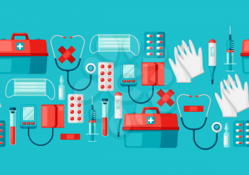 First aid kit equipment. seamless pattern. Medical instruments for emergency assistance.