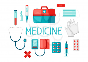 First aid kit equipment background. Medical instruments for emergency assistance.