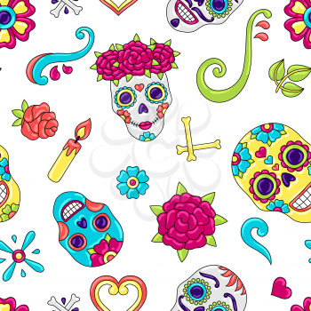 Day of the Dead seamless pattern. Sugar skulls with floral ornament. Mexican talavera ceramic tile traditional decorative objects.