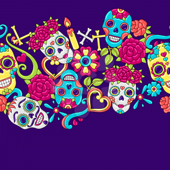 Day of the Dead seamless pattern. Sugar skulls with floral ornament. Mexican talavera ceramic tile traditional decorative objects.
