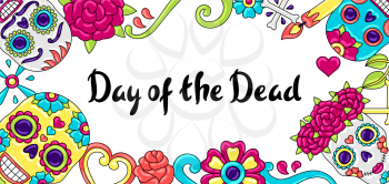 Day of the Dead invitation card. Sugar skulls with floral ornament. Mexican talavera ceramic tile traditional decorative objects.
