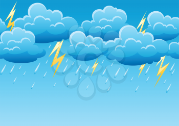Seamless pattern with thunderstorm. Cartoon illustration of clouds, rain and lightning.