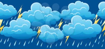 Seamless pattern with thunderstorm. Cartoon illustration of clouds, rain and lightning.