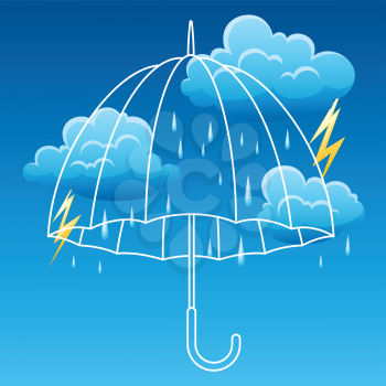 Background with thunderstorm. Illustration of umbrella, clouds, rain and lightning.