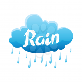Blue clouds and raindrops on white background. Cartoon cloudscape illustration.