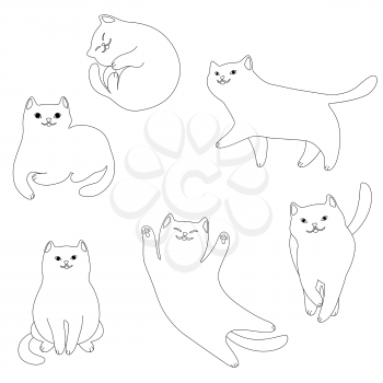 Set of cartoon white cats. Cute pets on white background.