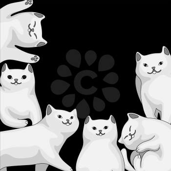 Background with cartoon white cats. Cute pets stylized illustration.