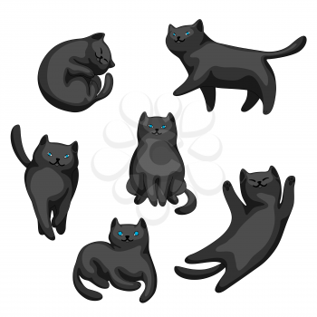 Set of cartoon black cats. Cute pets on white background.