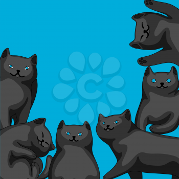 Background with cartoon black cats. Cute pets stylized illustration.