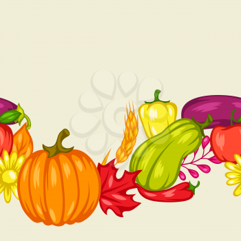 Harvest seamless pattern with fruits and vegetables. Autumn seasonal illustration.