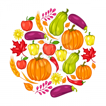 Harvest festival background with fruits and vegetables. Autumn seasonal illustration.