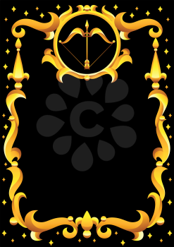 Sagittarius zodiac sign with golden frame. Horoscope symbol. Stylized astrological illustration.
