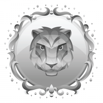 Leo zodiac sign with silver frame. Horoscope symbol. Stylized astrological illustration.