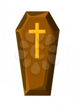 Happy halloween illustration of coffin with cross. Cartoon holiday icon.