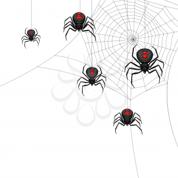 Background with black widow spiders. Banner for Halloween holiday.