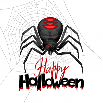 Background with black widow spider. Banner for Happy Halloween holiday.