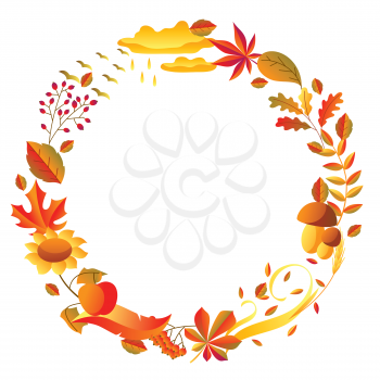 Background with stylized autumn items. Falling leaves, berries and plants.