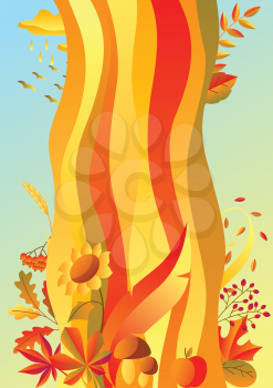 Background with stylized autumn items. Falling leaves, berries and plants.