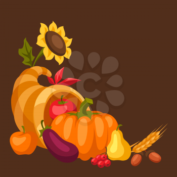 Happy Thanksgiving Day horn of plenty with seasonal fruits and vegetables.