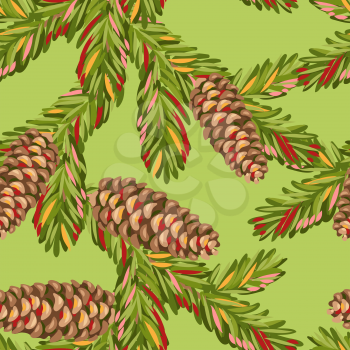 Seamless pattern with branches fir cones. Stylized hand drawn in retro style.