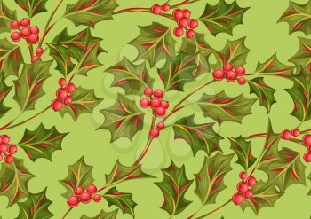 Seamless pattern with holly branches and berries. Stylized hand drawn background in retro style.