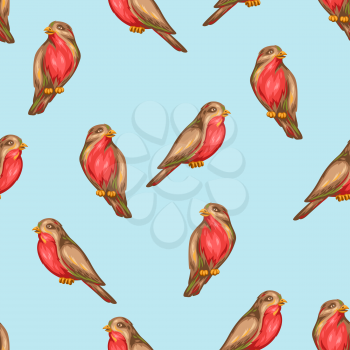 Seamless pattern with bullfinch birds. Stylized hand drawn in retro style.