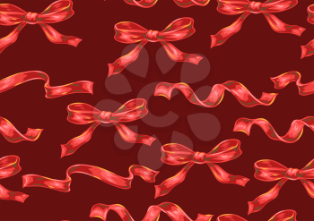 Seamless pattern with red bows and ribbons. Stylized hand drawn background in retro style.