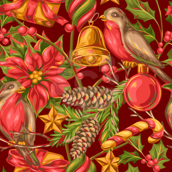 Merry Christmas seamless pattern. Holiday background in vintage style.