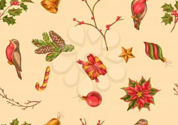 Merry Christmas seamless pattern. Holiday background in vintage style.