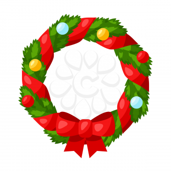 Illustration of Christmas wreath with decorations. Stylized flat icon.
