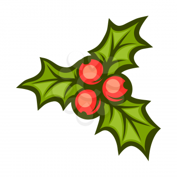 Illustration of holly branch with berries. Stylized cartoon icon in retro style.