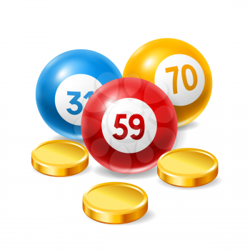 Bingo or lottery card with colored number balls and money. Background for gambling sport games.