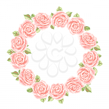 Decorative element with pink roses. Beautiful realistic flowers, buds and leaves.
