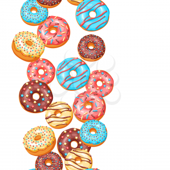 Seamless pattern with glaze donuts and sprinkles. Background of various colored sweet pastries.
