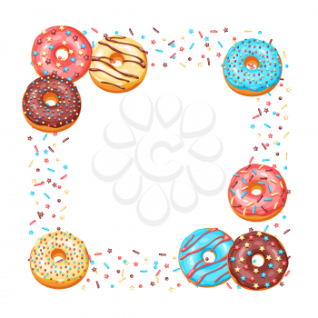 Frame with glaze donuts and sprinkles. Background of various colored sweet pastries.