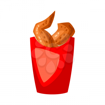 Fried chicken in red box. Fast food snack. Icon or illustration of roast wings.